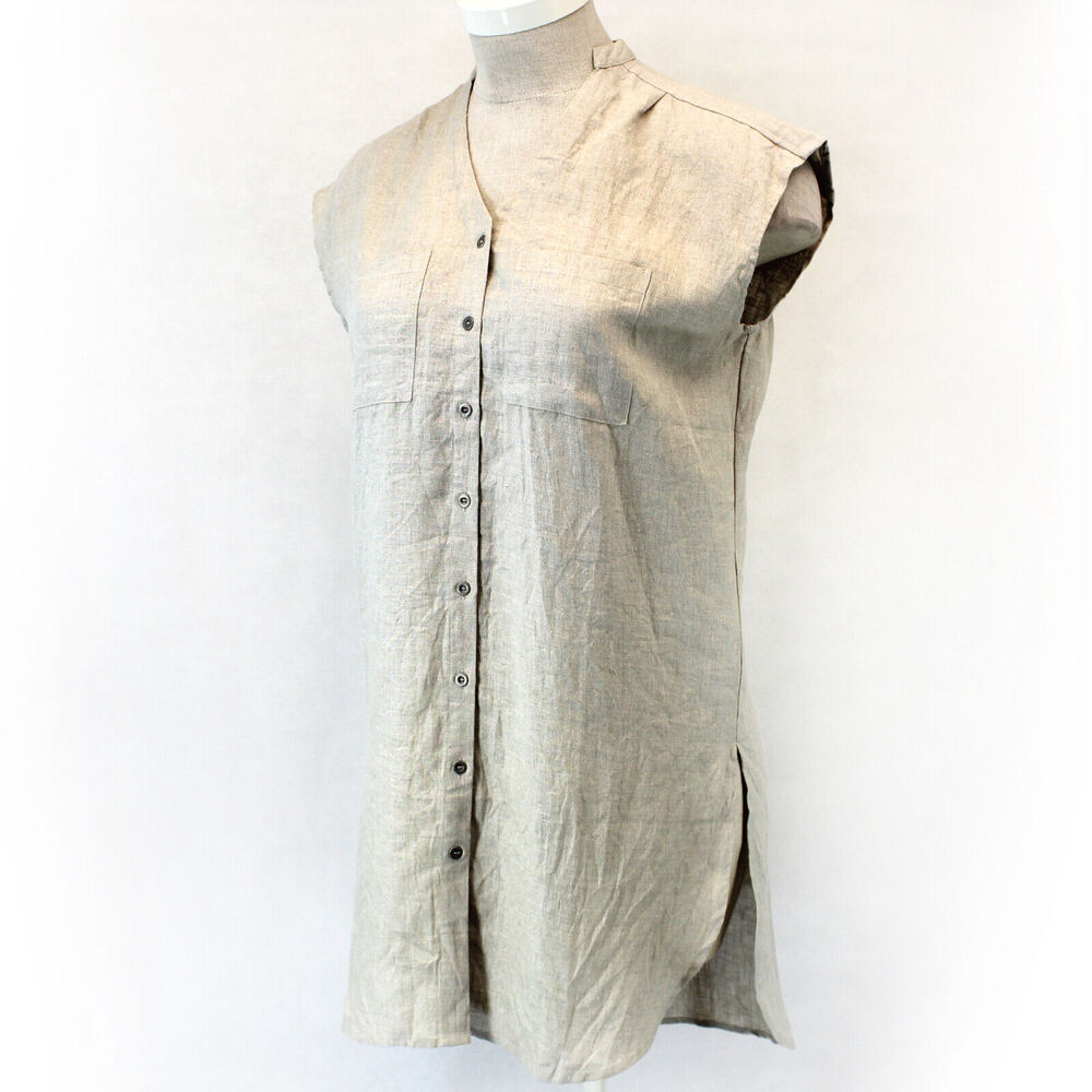 The Shanty CMC Art to Wear Buttoned Natural Linen Tunic Slits Large Made USA